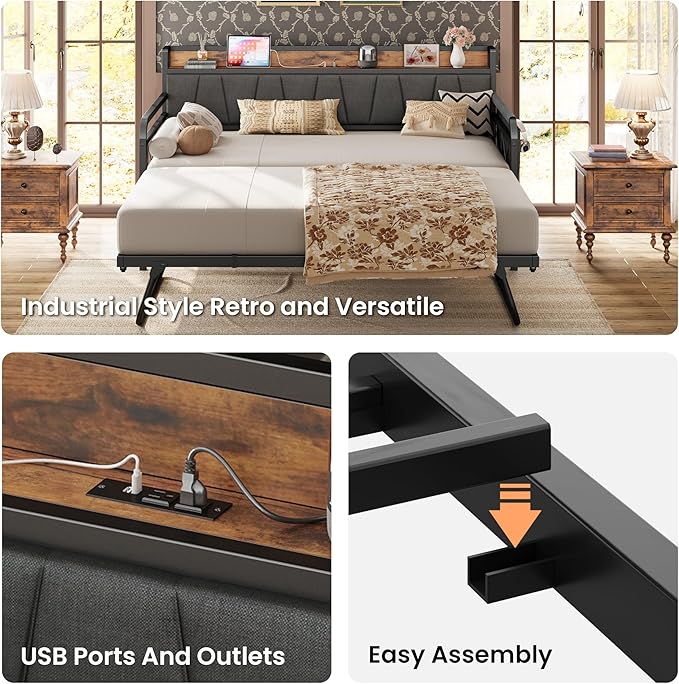LIKIMIO Daybed with Trundle Bed, Twin XL Bed Frame with Storage Headboard and Charging Station, Sofa Day Bed with Strong Supports for Living Room, Bedroom, and Guest Room, Grey