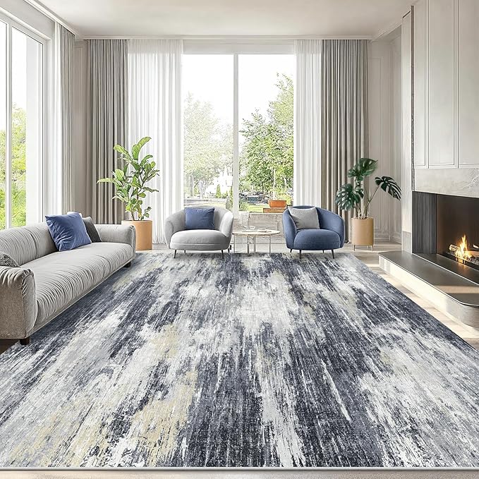 AMADA HOMEFURNISHING 8x10 Area Rug for Living Room, Modern Abstract Rug with Non-Slip Backing & Low Pile, Large Washable Rug with Abstract Pattern for Bedroom, Dinning Room, Home Office, Light Grey