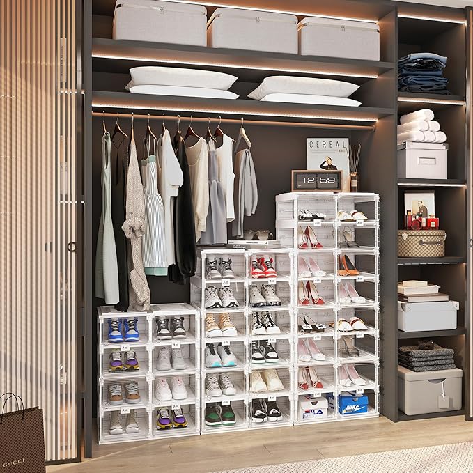 ANTBOX Foldable Shoe Rack,Shoe Organizers for Closet Plastic Shoe Storage Box Space Saving For Entryway, Large Sturdy Stackable Sneaker Cabinet Bins With Magnetic Clear Door 4 Tiers 8 Pairs