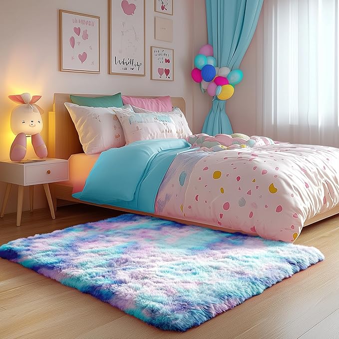 PAGISOFE Machine Washable Rainbow Runner Rugs for Girls Bedroom Hallway Plush Fluffy Purple Rug 3x5 Ft,Soft Carpet for Living Room, Non-Slip Indoor Floor Rugs for Nursery Kids Girls Room Home Decor
