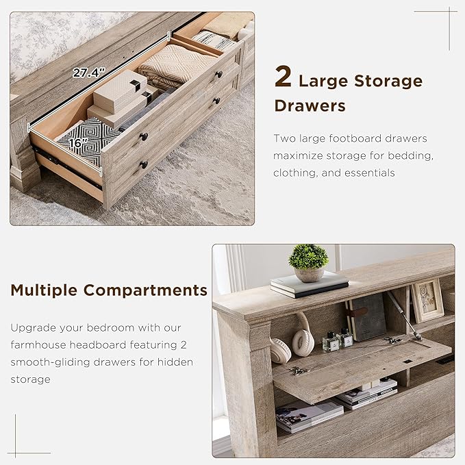 Farmhouse Queen Size Bed Frame with 54" Tall Storage Bookcase Headboard, 18" Roman Column Decoration Footboard,2 Drawer & 4 Storage Rack,Wood Platform Bed Frame, No Box Spring Needed(Light Rustic Oak)