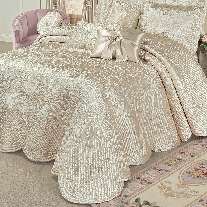 Touch of Class Portia Luxury Bedding | Soft Pearl | Premier Quilted Polyester Satin | Romantic Hand Guided Machine Quilted Scroll Design 3 Piece Set: Queen Oversized Bedspread and 2 Standard Shams