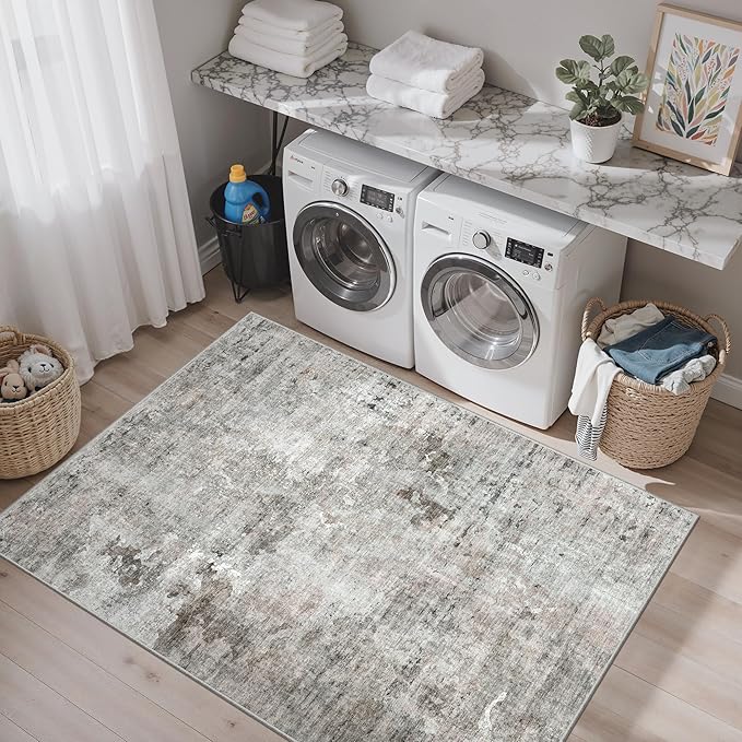 Area Rugs 4x6 for Living Room, Vintage Washable Rugs for Dining Room, Kitchen, Non-Slip Area Rug Pink Grey