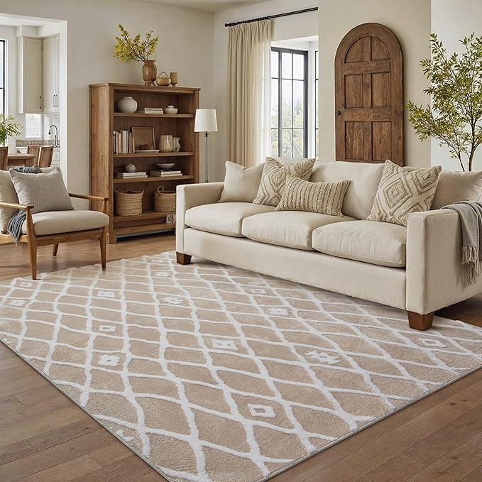 Beige 5x7 Area Rug Moroccan Shag Living Room Washable Carpet Soft Non Shedding Neutral Boho Plush Pile Modern Large Throw Rug for Kitchen Dining Room Bedroom Office