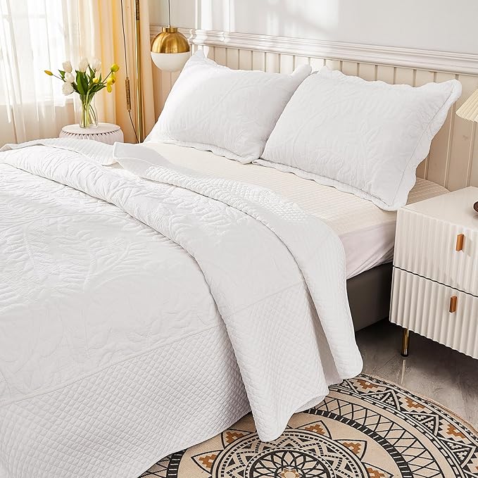 MarCielo 100% Cotton Quilt Set - 3-Piece Embroidered Farmhouse Bedspread & Shams, All-Season Breathable Bedding(Bright White,King)