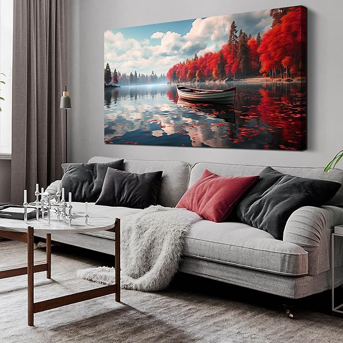 Large Wall Art for Living Room Bedroom Office Red Forest Wall Art Lake Landscape Pictures Modern Artwork Framed Canvas Prints 29x59 Inch