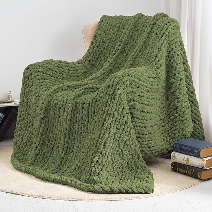 Chunky Knit Throw Blanket 50"X 60", 100% Handmade with Soft Chenille Yarn, 4.4lbs Thick Cable Knitted Blankets, Large Rope Knot Crochet Throws for Couch Sofa Bed Home Decor, Olive Green