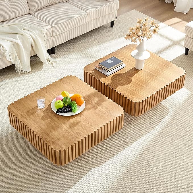 LKTART Square Coffee Table for Living Room, Accent Fluted Coffee Table with Storage, Modern Solid Wood Veneered Large Center Tea Table for Small Space Apartment (31.5''D×14''H-Natural)
