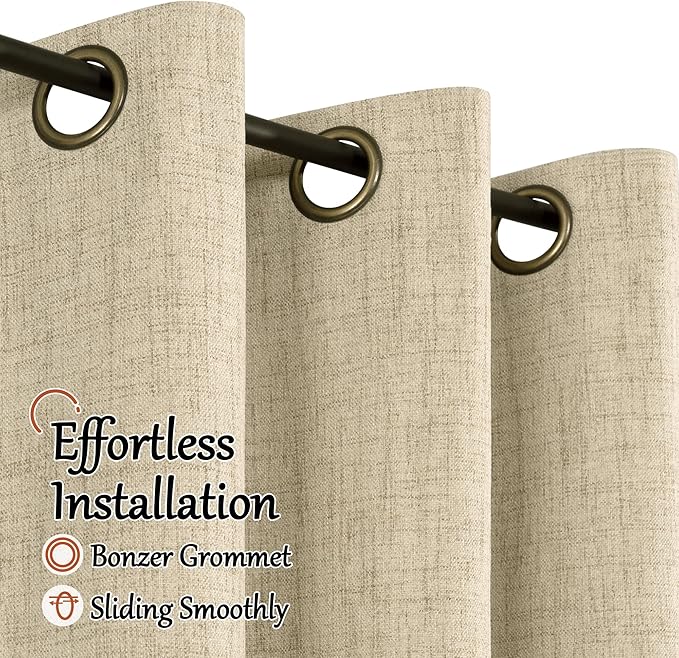 100% Blackout Curtains for Living Room 90 Inches Long 2 Panels, Faux Linen Textured Floor Length Thermal Insulated Bronze Grommet Boho Window Energy Save Drapes, Each 52" Wide, Burlap
