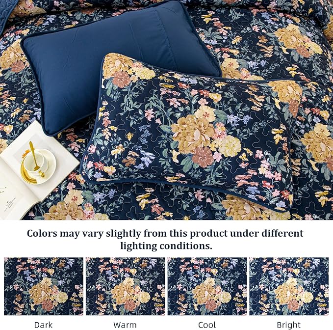 WONGS BEDDING Quilt Queen Size, Navy Blue Quilt Bedding Set with 2 Pillowcases, Botanical Quilt for Queen Bed, Soft Microfiber Lightweight Coverlet Bedspread for All Season (96"×90", 3 Pieces)