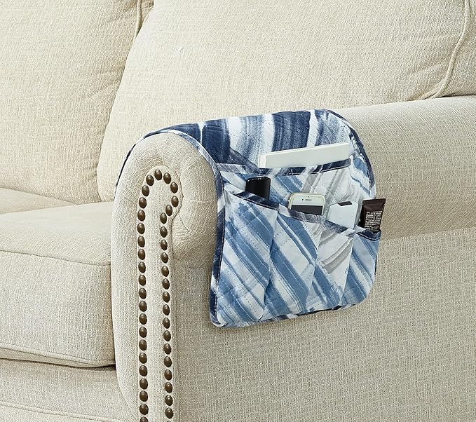 Brilliant Sunshine Blue Grey Stripes Patchwork Couch Armrest 5 Pockets Organizer, Slip Resistant Recliner Armchair Caddy, Washable Remote Controls Holder, Storage for Magazine, Tablet, iPad, Blue Grey