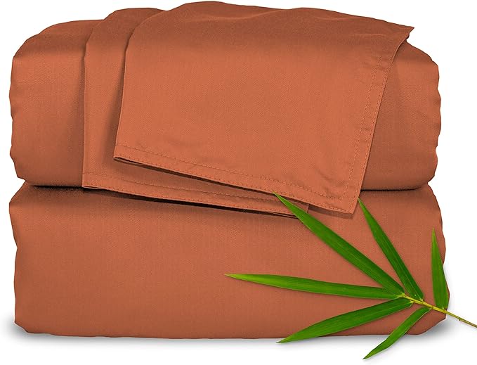 Pure Bamboo Split King Sheets, Genuine 100% Organic Viscose Derived from Bamboo Bed Sheet Set, Soft & Cooling, Double Stitching, 2 Fitted Sheets (Split King, Terracotta)
