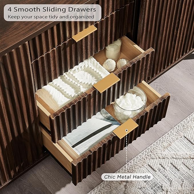 T4TREAM 60" Fluted Dresser with Sliding Doors and 4 Drawers, Modern Chest, Curved Profile Design, Dresser TV Stand, Wood Drawer Organizer for Bedroom, Living Room, Dark Walnut