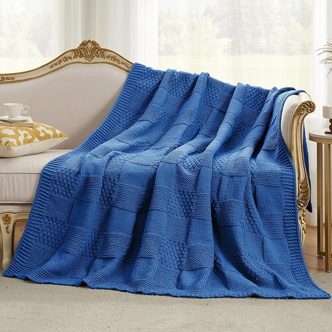 Amélie Home Checkered Chenille Knit Throw Blanket for Couch, Classic Texture Decorative Soft Blanket for Sofa, Chair & Bedroom, 50"x60", Blue