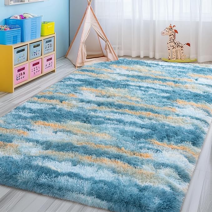 Fluffy Rugs for Living Room Bedroom, 5x7 Feet Abstract Blue Shag Area Rugs, Non-Slip Indoor Modern Fuzzy Plush Floor Carpet for Dorm Nursery Kids Room Decor, Soft Shaggy Throw Rug