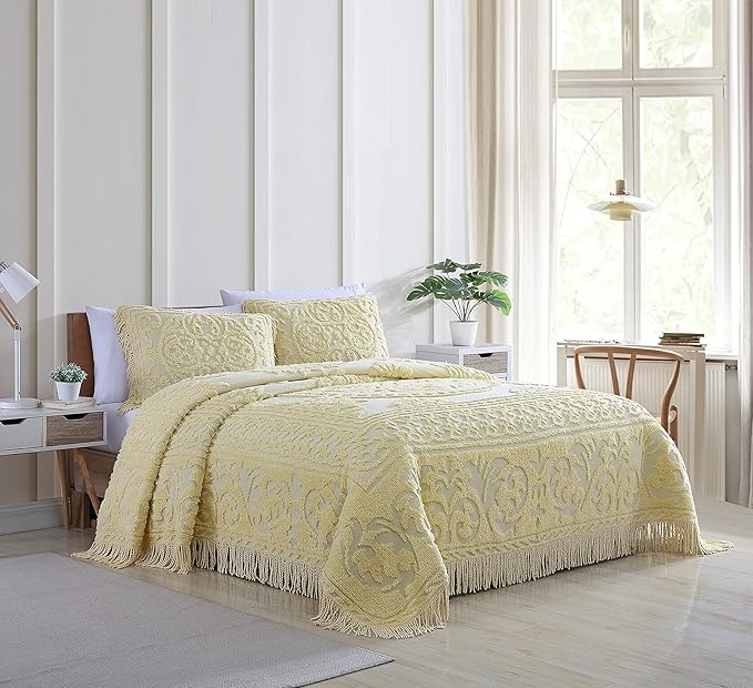 Beatrice Home Fashions Medallion Chenille Bedspread, Standard Sham, Yellow
