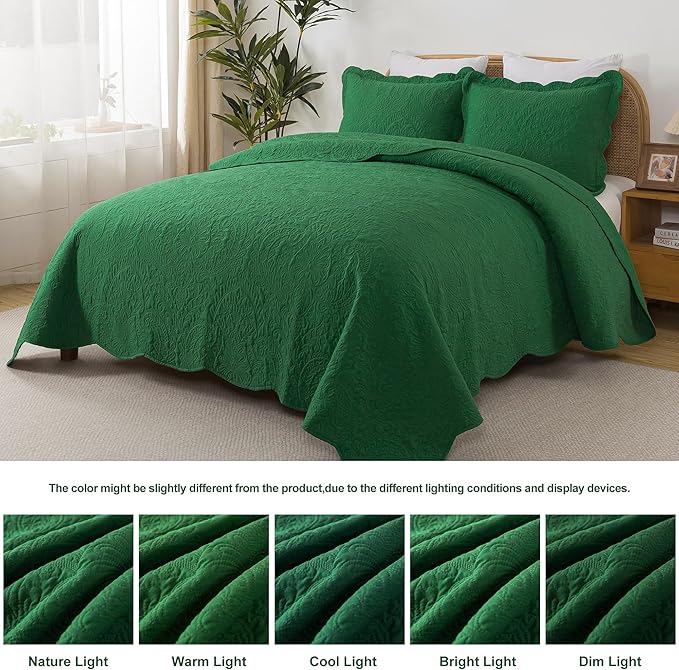 HoneiLife Queen Size Quilt Sets - 3 Piece Queen Quilt Bedding Set Microfiber Quilt Set Lightweight Bedspreads Reversible Coverlets Retro Bed Cover Floral Bedding Set All Season Quilts-Green