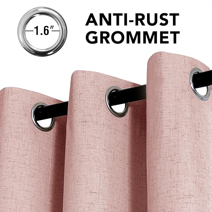 H.VERSAILTEX Linen Curtains 100% Blackout Curtains for Bedroom 54 inch Long Full Light Blocking Nature Linen Blended Window Curtains for Living Room Nickel Grommet (2 Panels, Heathered Baby Pink)