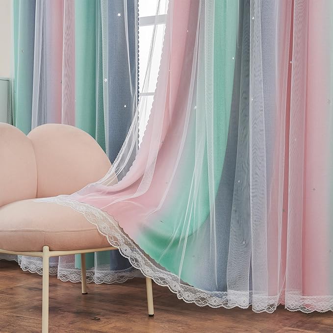 XiDi Curtains for Bedroom Decor, Rainbow Pinkgreen grey52/45