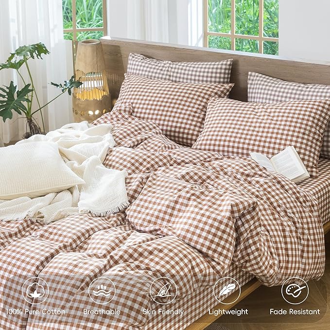 MooMee Gingham Duvet Cover Set 100% Washed Cotton Linen Like Textured Breathable Durable Soft Comfy Modern Checkered Design (Dark Orange Gingham, Oversized Queen 98"x98")