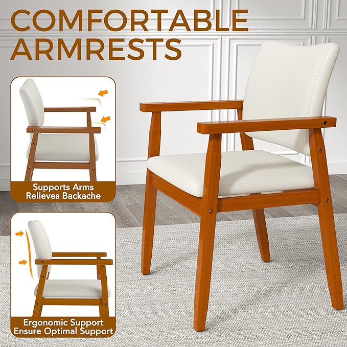 thksbought Set of 2 Mid Century Modern Walnut Dining Chairs Wood Arm Beige Fabric Kitchen Cafe Living Room Decor Furniture