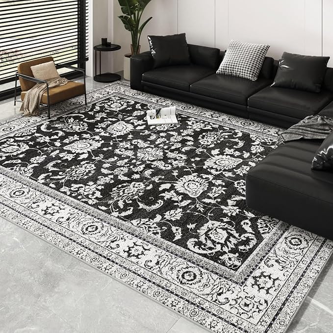 Machine Washable Area Rugs, Vintage Soft Rugs for Living Room Non Slip Large Area Rug 6x9 Carpet for Bedroom Under Bed/Dining Table Home Office | Black White