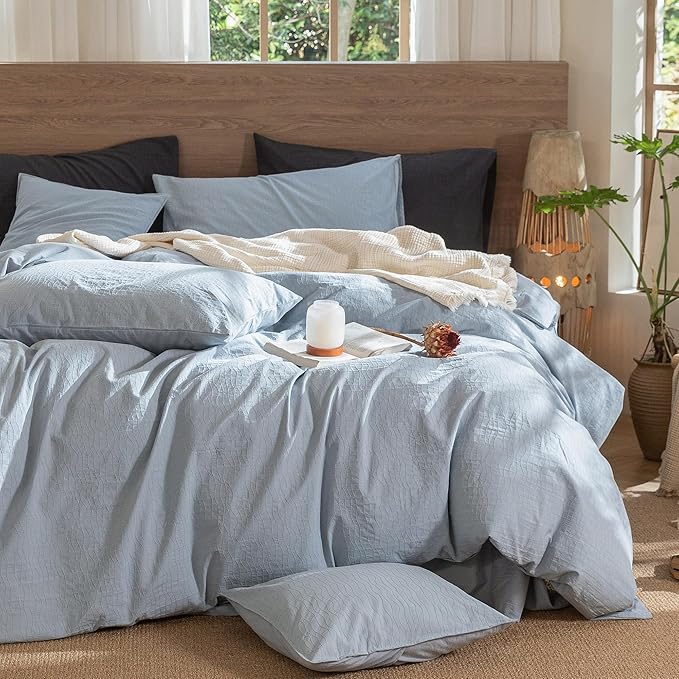MooMee Wavy Striped Duvet Cover Set 100% Washed Cotton Linen Like Textured Breathable Durable Soft Comfy (Cornflower Blue, Full 80"x90")