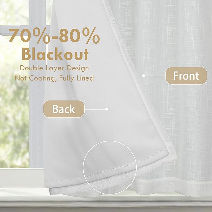 DriftAway Double Layer Linen Blackout Tie Up Curtains Thermal Insulated Fully Lined Balloon Roman Shade Bathroom Window Adjustable Rod Pocket for Small Window 25 Inch by 47 Inch White