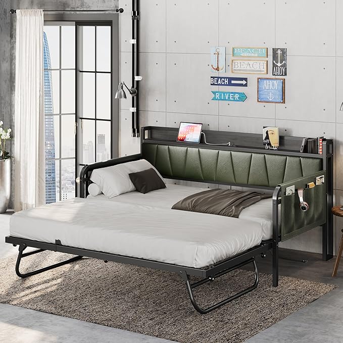 LIKIMIO Daybed with Trundle Bed, Twin Bed Frame with Storage Headboard and Charging Station, Sofa Day Bed with Strong Supports for Living Room, Bedroom, and Guest Room, Dark Green
