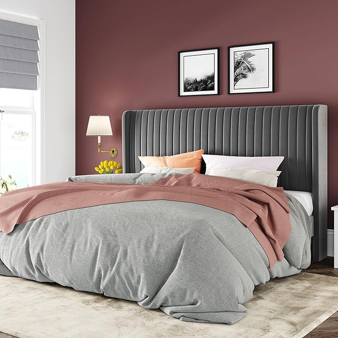 Allewie King Size Velvet Bed Frame/Vertical Channel Tufted Wingback Headboard/Upholstered Platform Bed/No Box Spring Needed/Strong Wooden Slats/Easy Assembly/Grey