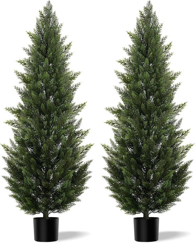 Outdoor Artificial Cedar Topiary Tree, Faux Evergreen Shrubs for Front Porch Decor, Lifelike Fake Bushes Plants for Home Living Room Front Door Decor (2, 6ft)