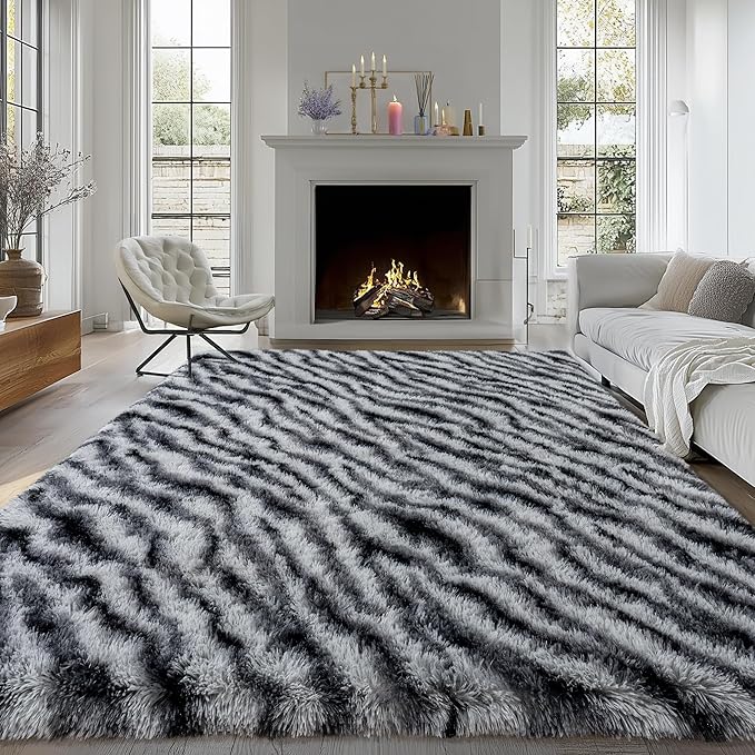 Fluffy Rugs for Living Room, 5x7 Ft Black White Zebra Shag Rugs for Bedroom Dorm Kids Room Nursery, Soft Non-Slip Modern Fuzzy Plush Carpet for Indoor Home Decor