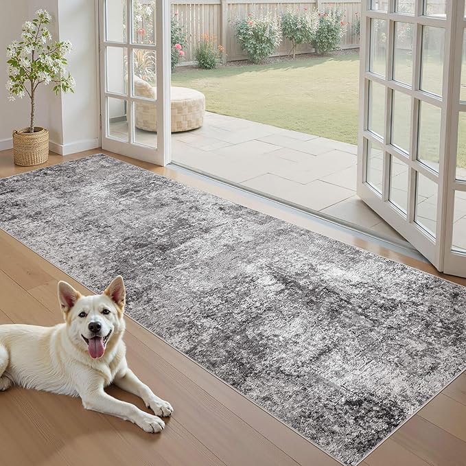 Washable Runner Rug for Hallway: 3x8 Neutral Modern Abstract Low Pile Area Rug with Non-Slip Backing - Carpet for Bedroom Kitchen Laundry Entryway Bathroom Indoor - Grey
