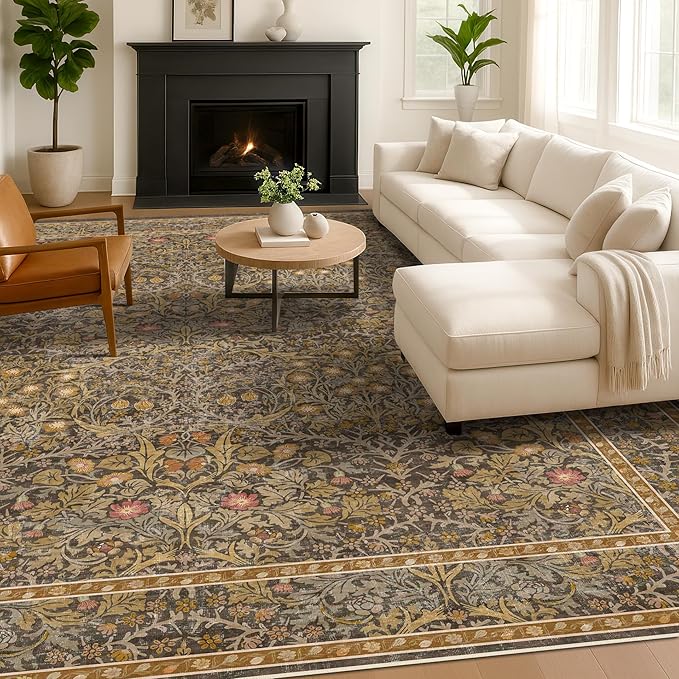 Washable Living Room Rug 10x12 - Brown Oriental Area Rug for Dining Room Under Table, Low Pile Non-Slip Floor Decor for Bedroom Under Bed - Vintage Earthy Design & Stain Resistance