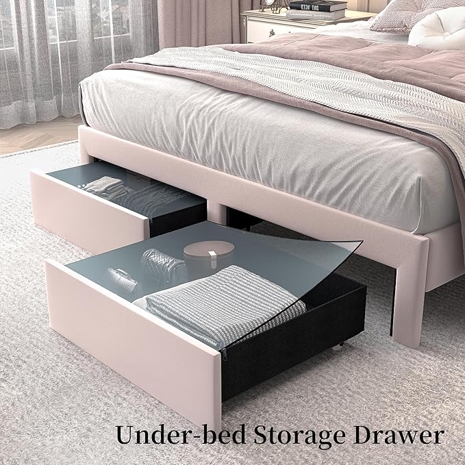 Full LED Bed Frame with Storage Drawers, Velvet Upholstered Platform Beds with Galaxy Star Projector Charging Station Speaker, Aurora Bedframe with 2-Tier Storage Headboard, Noise-Free, Pink