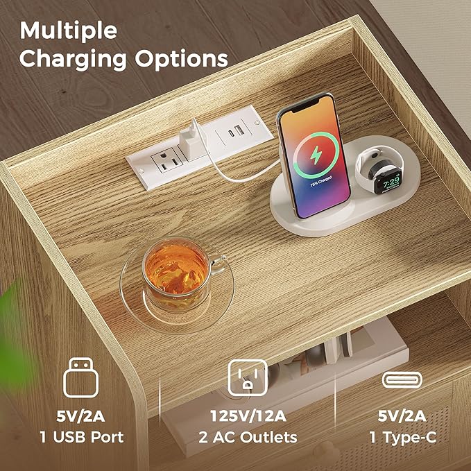 SUPERJARE Nightstand with Charging Station & Rattan-Like Decor Drawer, Rattan End Table with Solid Wood Feet, Bed Side Table with Open Storage, for Bedroom, Living Room, Dormitory - Natural