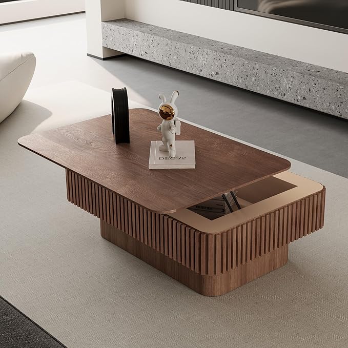 LKTART Lift Top Coffee Table for Living Room, Accent Fluted Coffee Table with Storage, Modern Solid Wood Veneered Rectangle Center Tea Table for Small Space Apartment (38.6''D×14''H-Walnut)