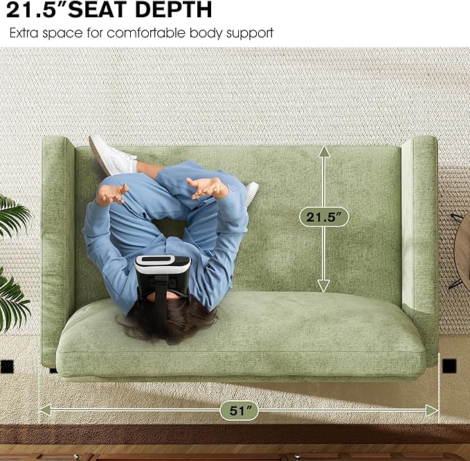 51" Loveseat Sleeper Sofa Bed, Chenille Convertible Floor Sofa Bed for Small Spaces, Folding Couch Bed with Deep Seat, 2 Pillows & Solid Frame, Pull Out Couch for Living Room, Light Green