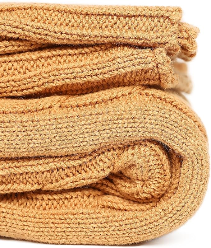 100% Cotton Cable-Knit Throw Blanket: 60" x 70", Ultra Soft, Breathable, All-Season Comfort & Versatility, Ideal for Couch, Bed, Travel and Gifting (Camel)