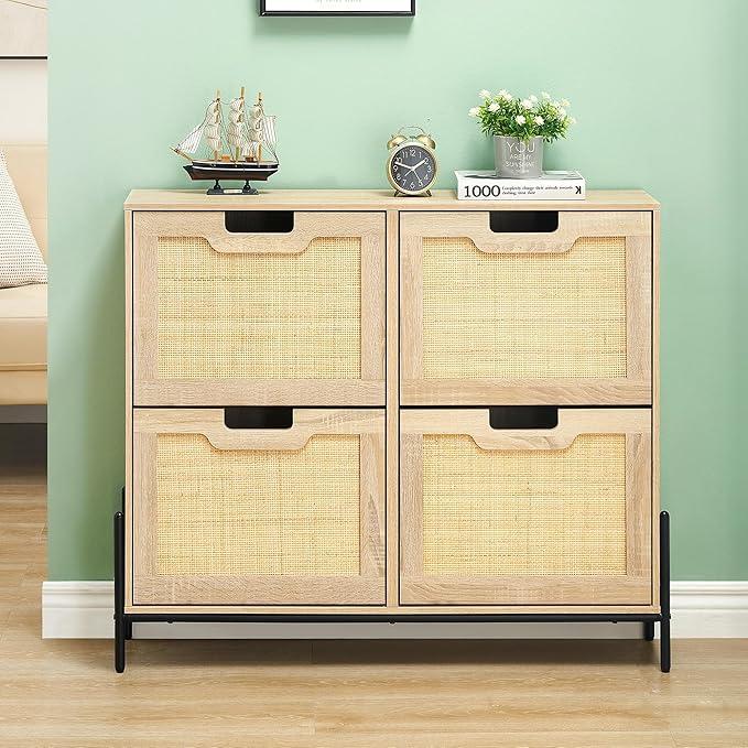 IDEALHOUSE Rattan Shoe Storage Cabinet with 4 Flip Drawers, Freestanding Shoe Organizer with Adjustable Shelves for Entryway, Narrow Shoe Rack Cabinet, Farmhouse Slim Shoe Cabinet, Oak
