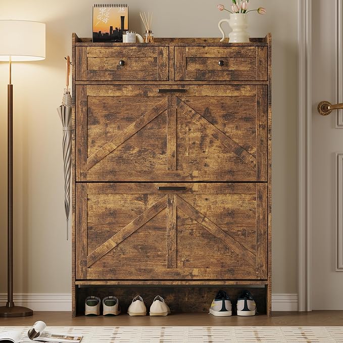 Shoe Storage Cabinet for Entryway, Farmhouse Narrow Shoe Cabinet with 2 Flip Drawers & Top Drawers, Adjustable Shelves & Hooks, Freestanding Hidden Rack Organizer for Hallway, Foyer