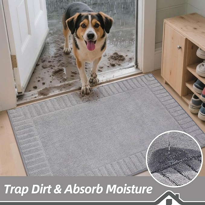 BEQHAUSE Door-Mat-Non-Slip Dirt Trapper Door Mats Low-Profile Front Door Mat Absorbent Floor Mats for Entryway Washable Mud Resistant Home Entrance Doormat,Light Grey,24"x36"
