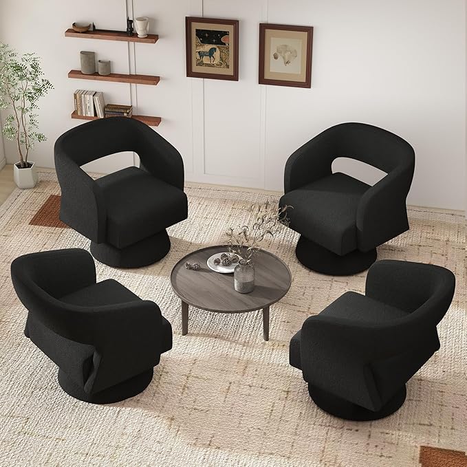 Swivel Accent Chair Set of 4, Modern Comfy Teddy Barrel Chairs, Oversized Upholstered Round Arm Chair for Living Room, Bedroom, Reading Room, Black