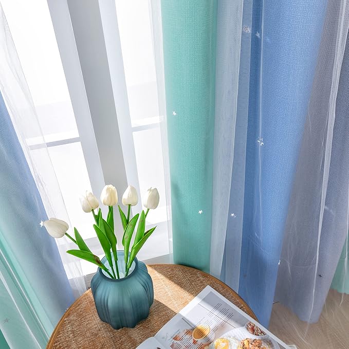 XiDi Dream Star Blackout Curtains for Kids Rooms Girl Princess Curtain for Daughter Bedroom Window (Blue Green Grey, W52 X L96)