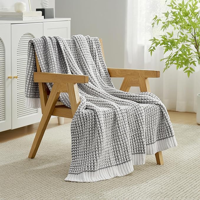 Amélie Home Waffle Chenille Throw Blanket for Couch, Pineapple Stitch Knit Soft Cozy Knit Blanket Decorative Throw for Sofa, Chair, 50"x60", Grey&Ivory