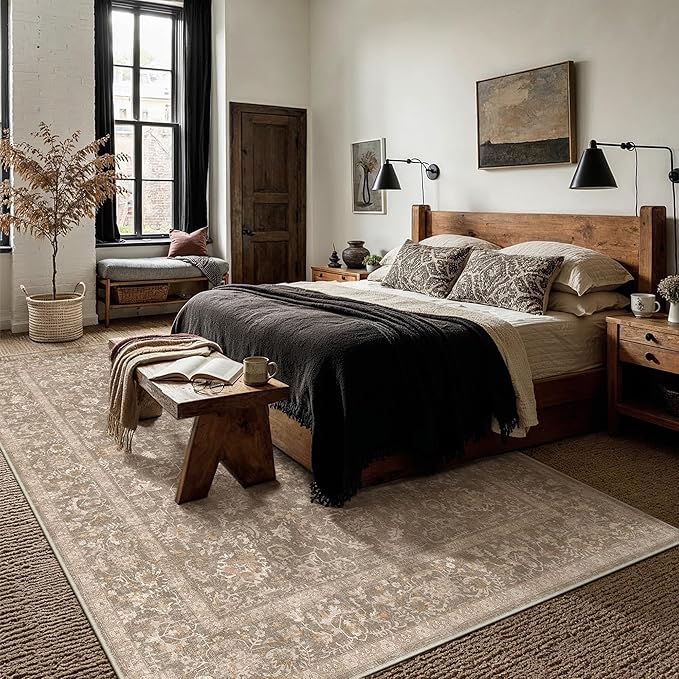5x7 Deep Brown Area Rug Non Slip Vintage Living Room Distressed Machine Washable Carpet Traditional Indoor Bedroom Deep Brown Retro Floral Accent Throw Rug for Office Kitchen Dorm Dining Room