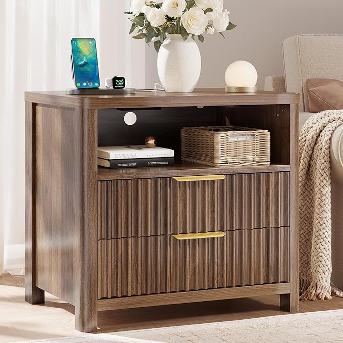 CypBed Night Stand with Charging Station, Bedside Tables with 2 Drawers & Storage Shelf, Wood Fluted Nightstand with Rounded Corner Design, Modern End Table for Bedroom, Easy Assembly