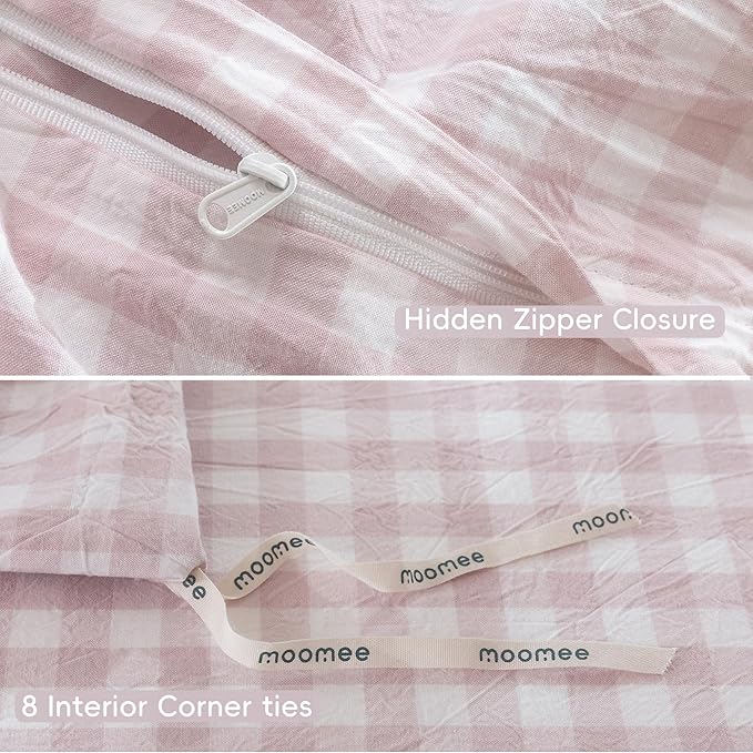 MooMee Gingham Duvet Cover Set 100% Washed Cotton Linen Like Textured Breathable Durable Soft Comfy Modern Checkered Design (Classic Gingham Greyish Pink, Palatial King/Oversized King 120"x98")