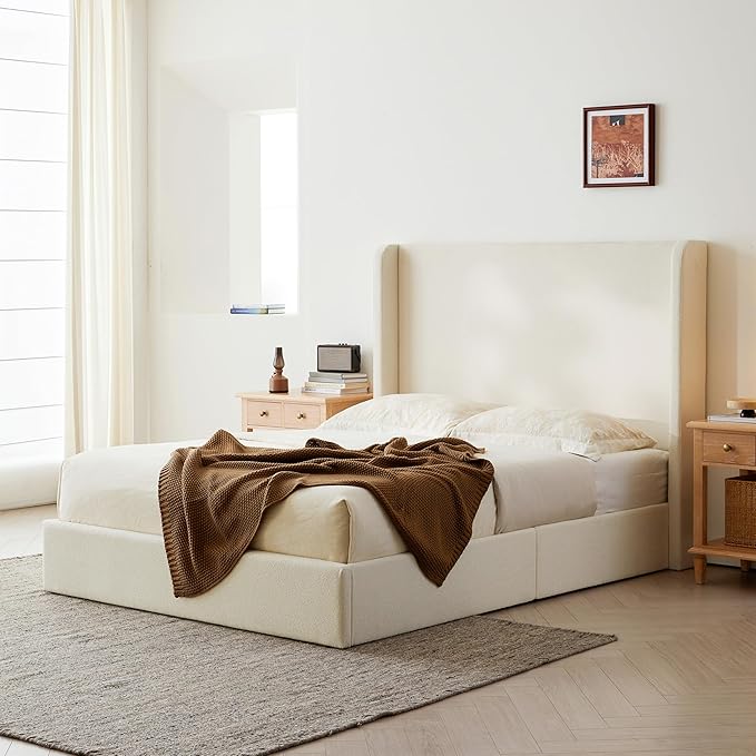 King Size Upholstered Bed Frame, 52.3" High Headboard Carmen Wingback Bed Frames, Tall Headboard Floor Platform Beds, No Box Spring Needed No Noise, Simplicity Minimalist, Beige Boucle