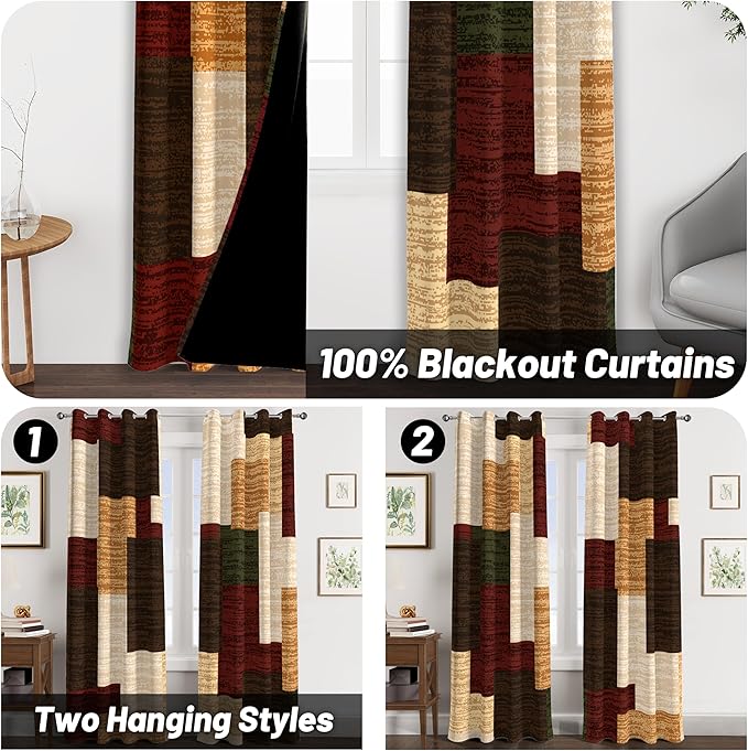 Brown Red Vintage 100% Blackout Curtains for Bedroom 84 inch Length 2 Panels Set Modern Abstract Geometric Black Out Curtains Insulated Room Darkening Window Drapes for Living Room, 52Wx84L